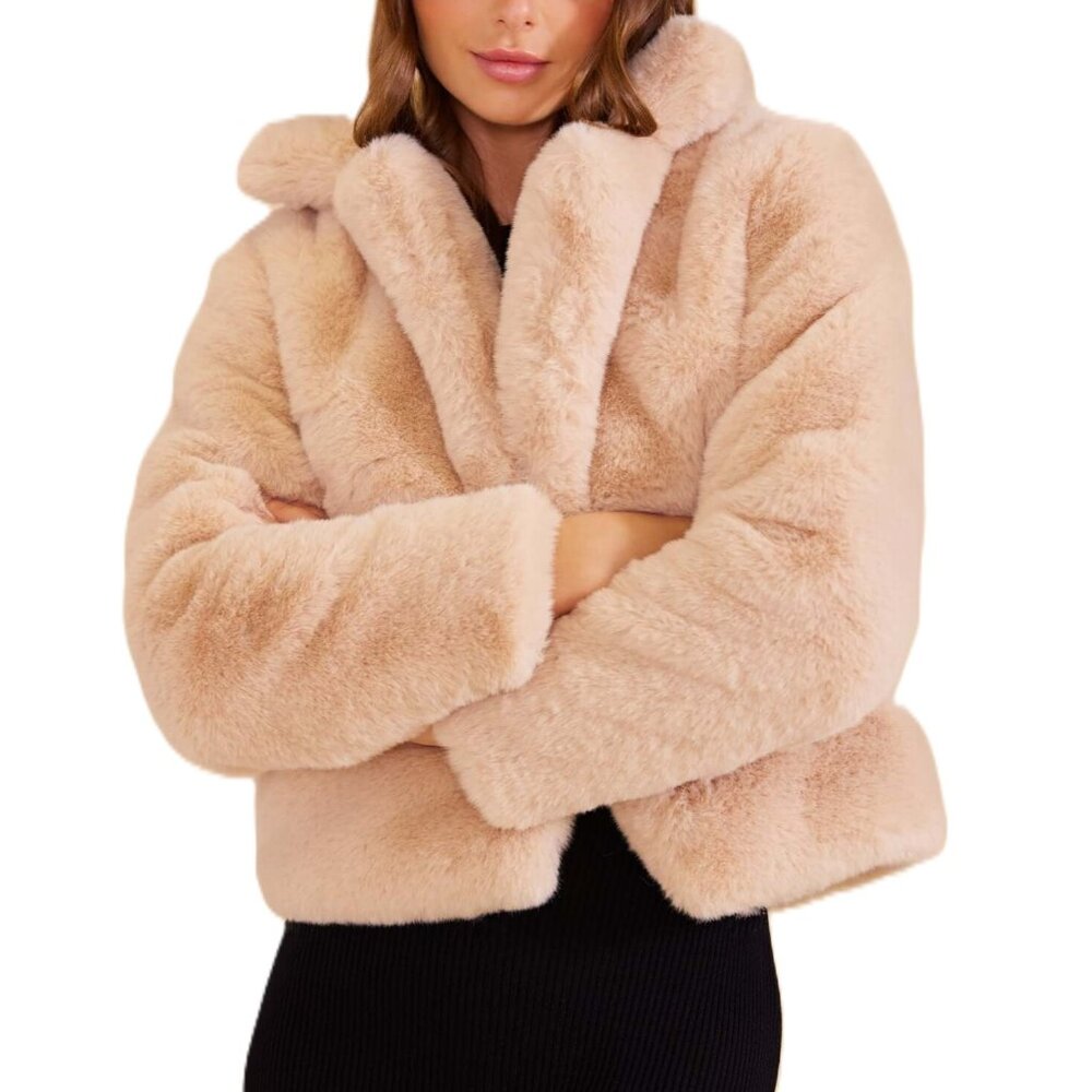 Cozy Cropped Faux Fur Jacket Blush Apricot Teddy Coat Notched Lapel Fuzzy Sherpa